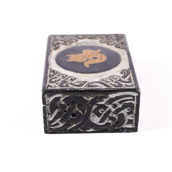 Om Spiritual Symbol 6" Carved Stone & Gold Metal Inlay Storage Container Box - Picture 4 of 9